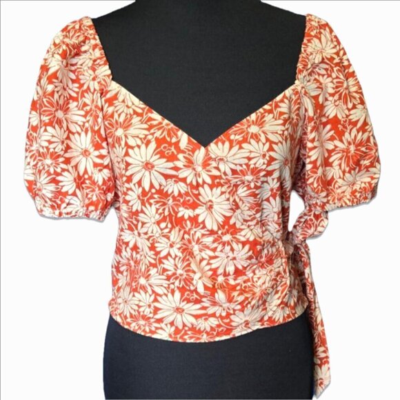 Madewell Floral Linen Puff Sleeve Wrap Top S Peasant Y2K Cottagecore Milkmaid - Picture 2 of 8